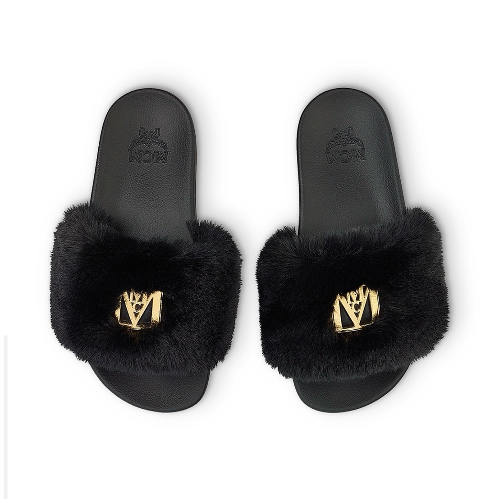 MCM Black Faux Fur Slide Logo Slide Sandals - Picture 2 of 9